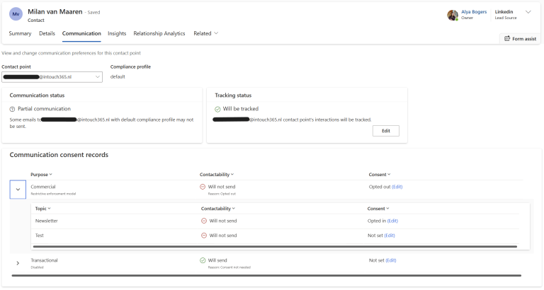 Customer Insights Journeys - Consent & Compliance mogelijkheden op een Contactpersoon